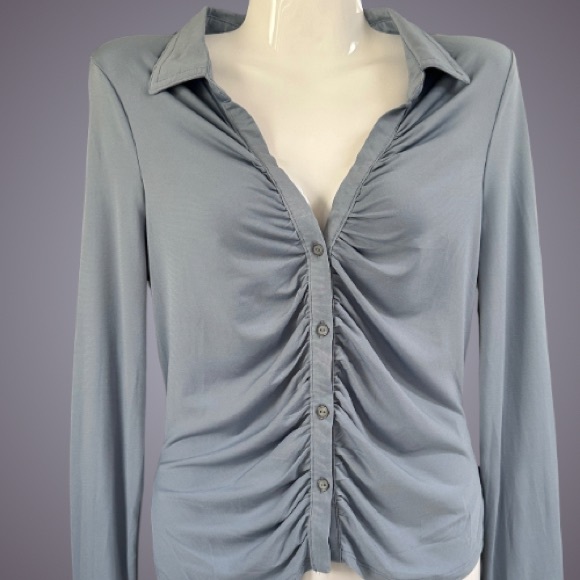 New Beautiful Blue Classic Button Down Ruched Collared Blouse - Picture 2 of 4